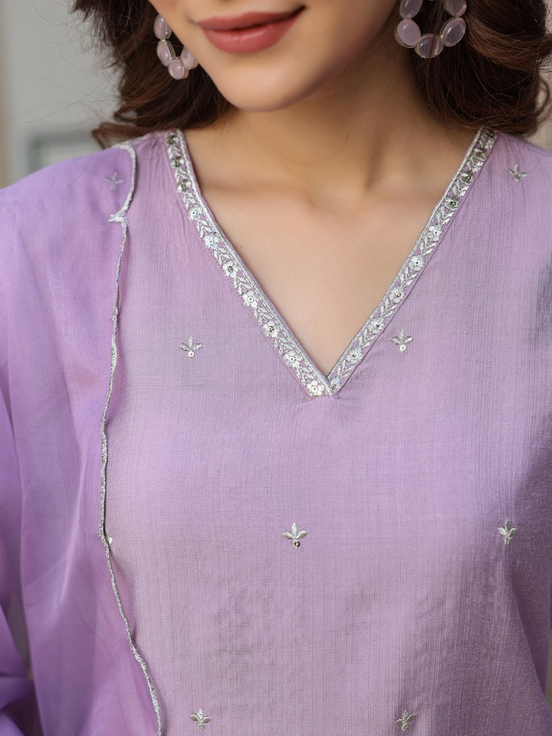 Janasya Women's Lavender Chinon Embellished Kurta with Pant and Dupatta
