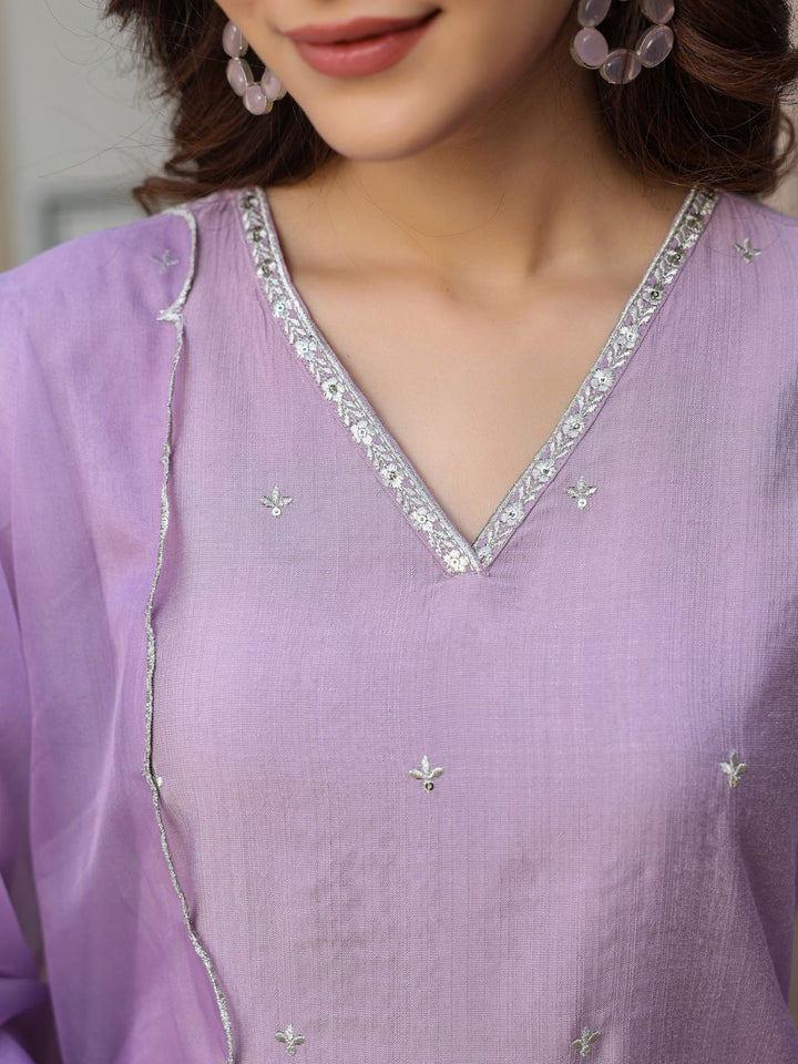 Janasya Women's Lavender Chinon Embellished Kurta with Pant and Dupatta