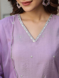 Janasya Women's Lavender Chinon Embellished Kurta with Pant and Dupatta