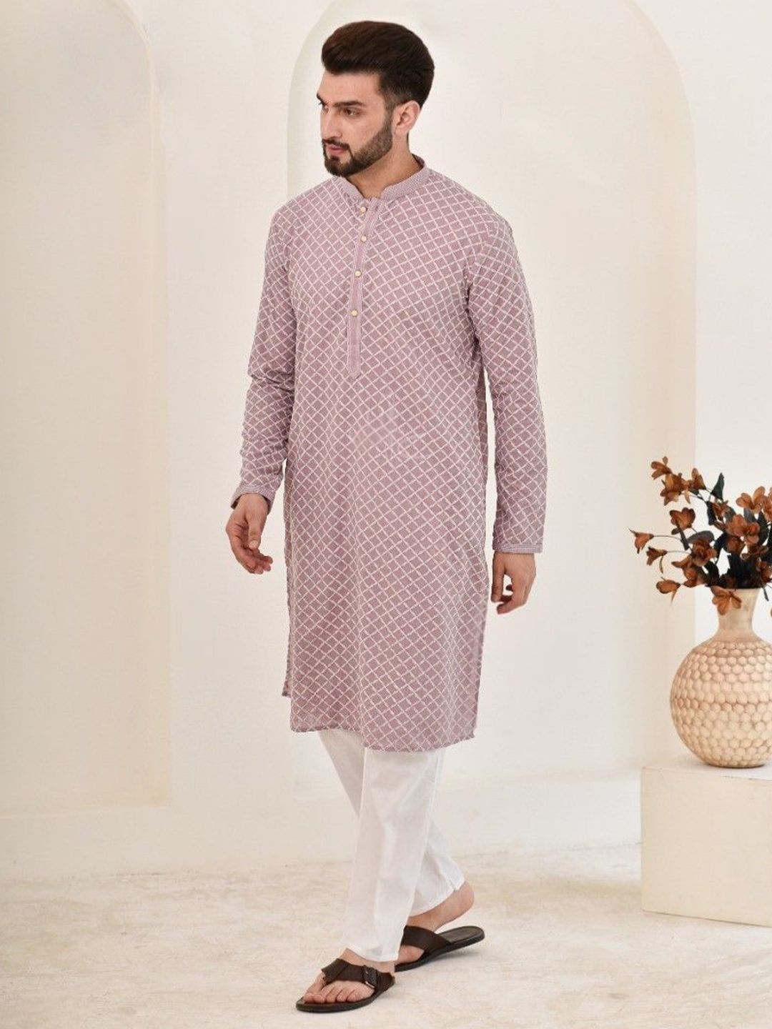 House of Chikankari Men Blue Cotton Embroidered Kurta