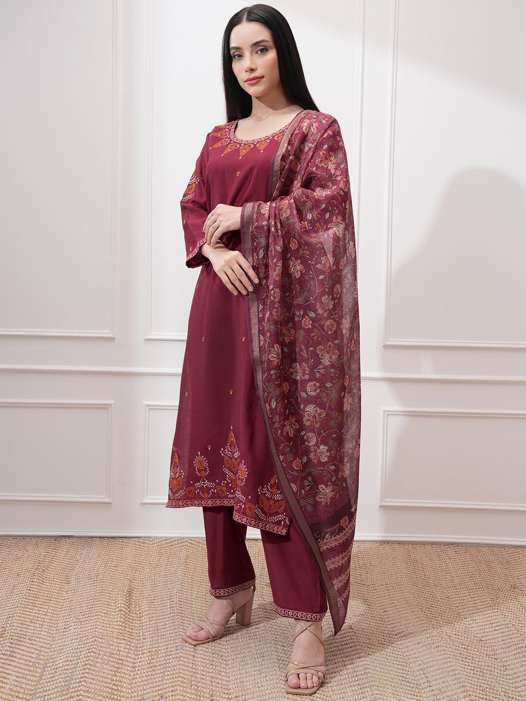Vishudh Women Ethnic Motifs Embroidered Regular Kurta with Trousers & With Dupatta