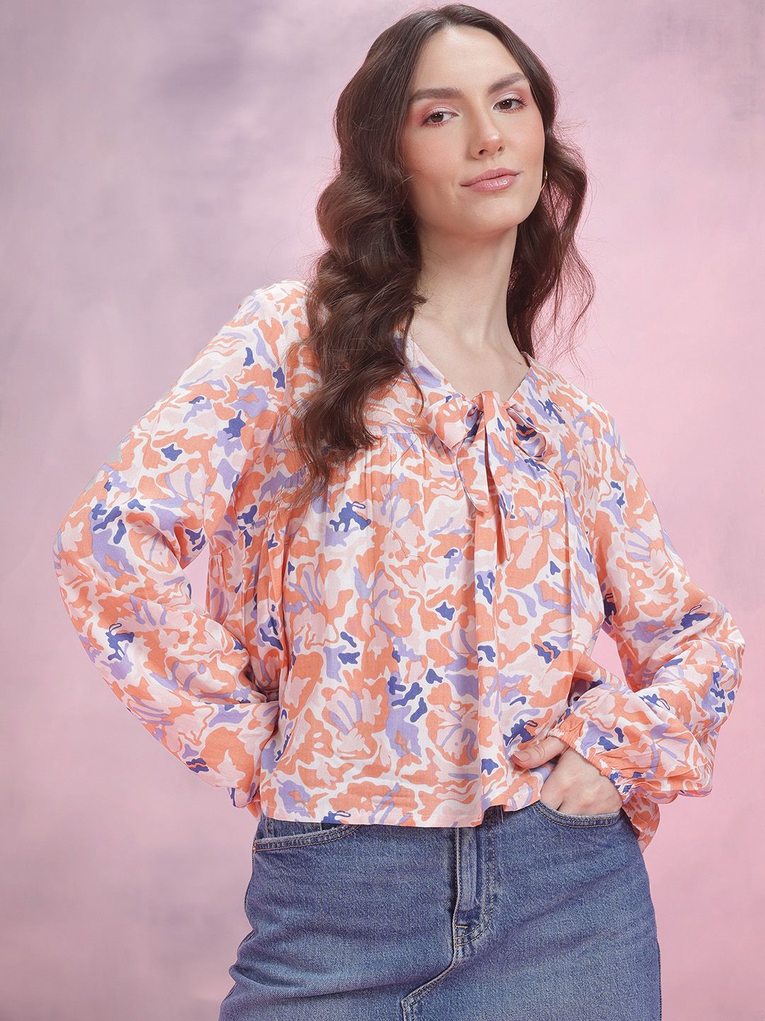 DressBerry Printed Tie-Up Neck Puff Sleeve Top