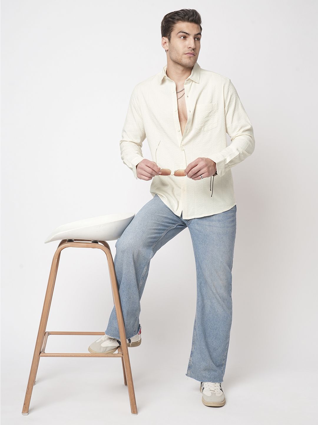 VASTRADO Men Spread Collar Textured Cotton Casual Shirt