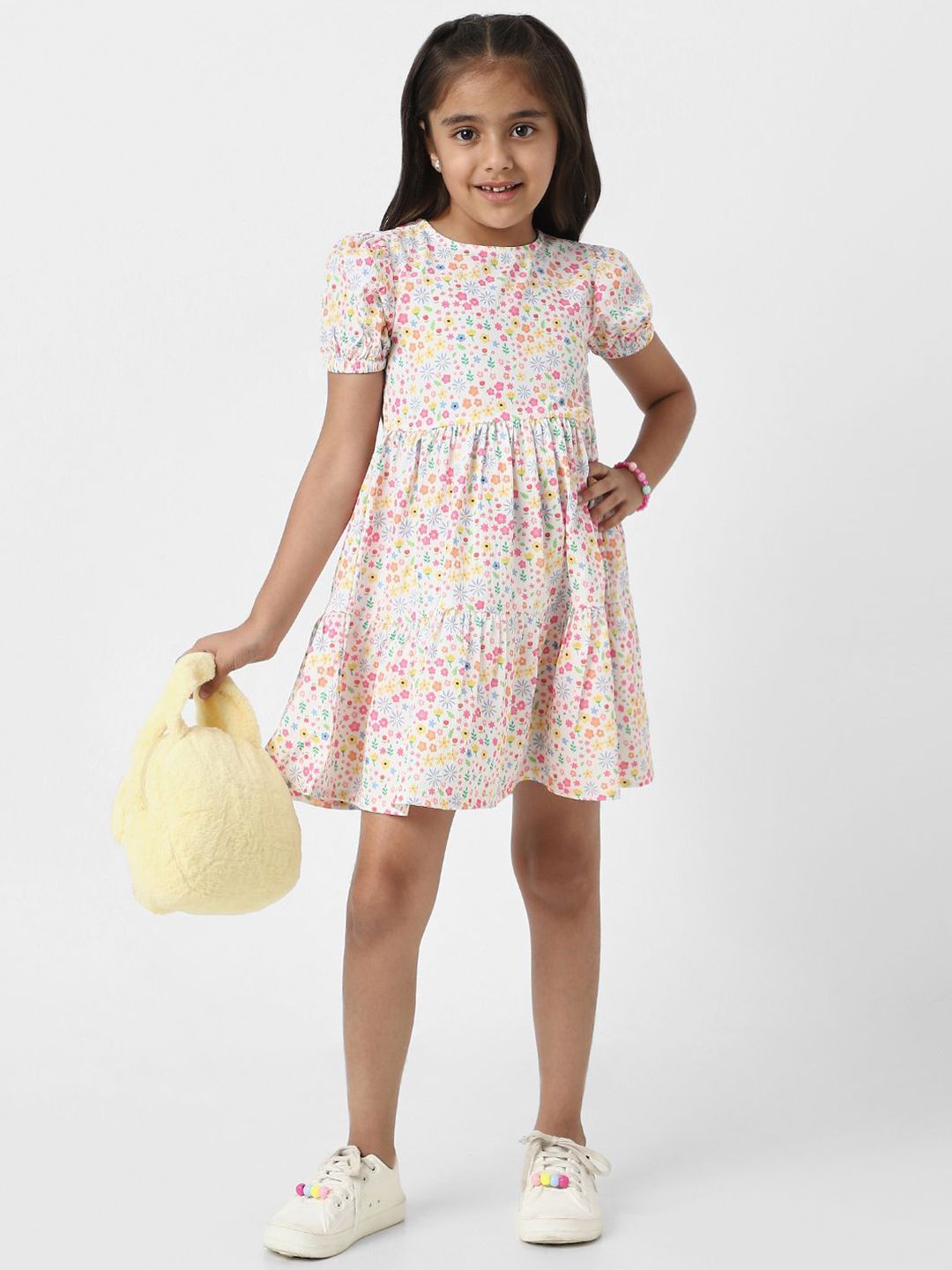 Nauti Nati Girls Floral Print White Cotton Frock