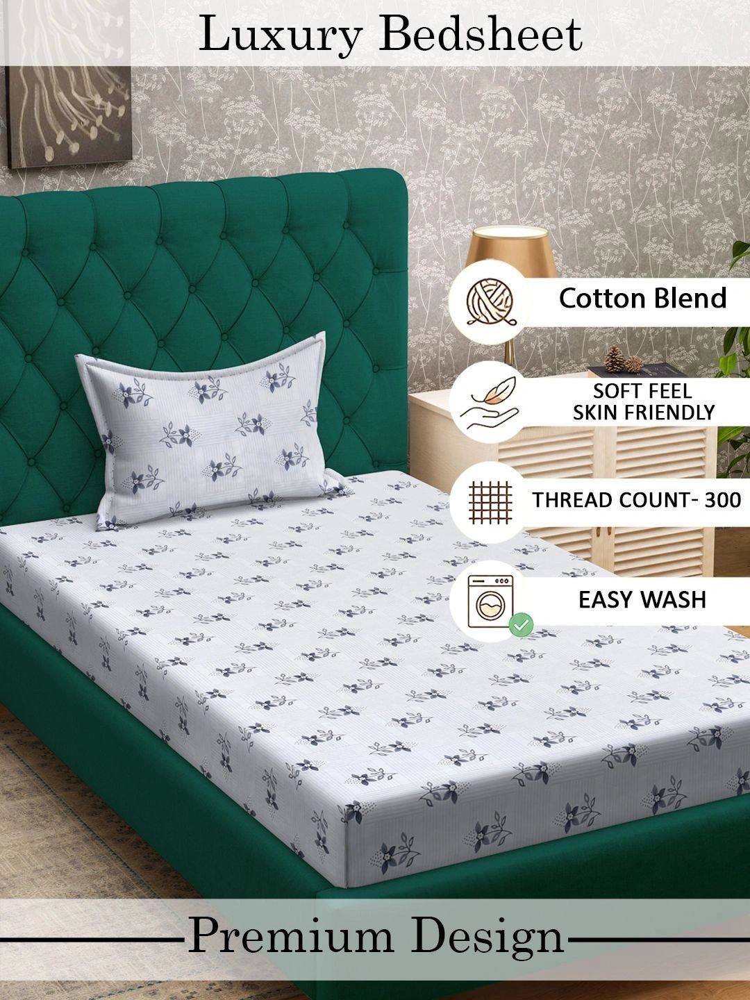 Myntra Elegant Homes White & Grey Floral 300 TC Cadar Tempat Tidur Single dengan 1 Sarung Bantal