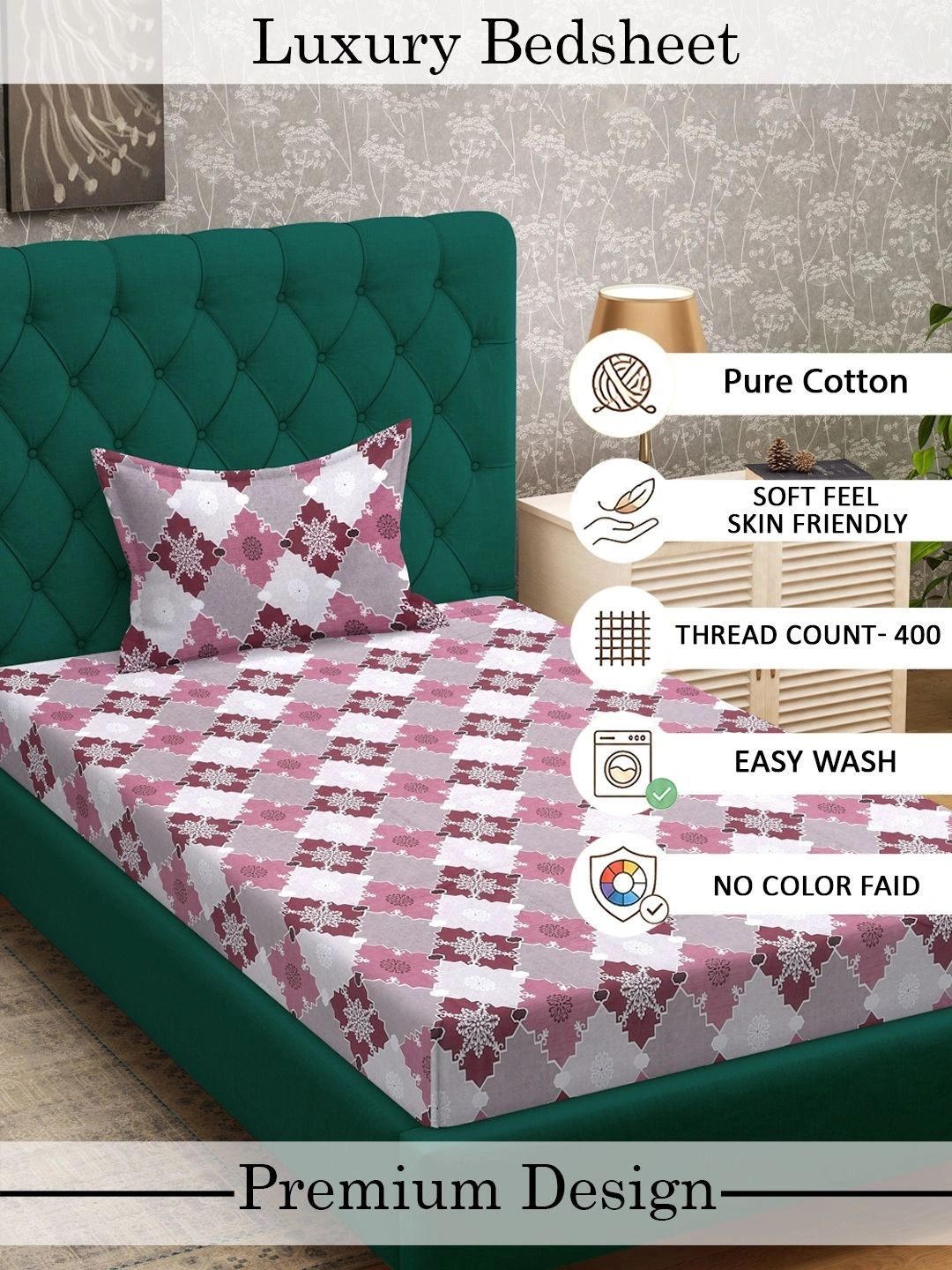 Myntra Elegant Homes Pink Geometric 400 TC Single Bedsheet with 1 Pillow Covers