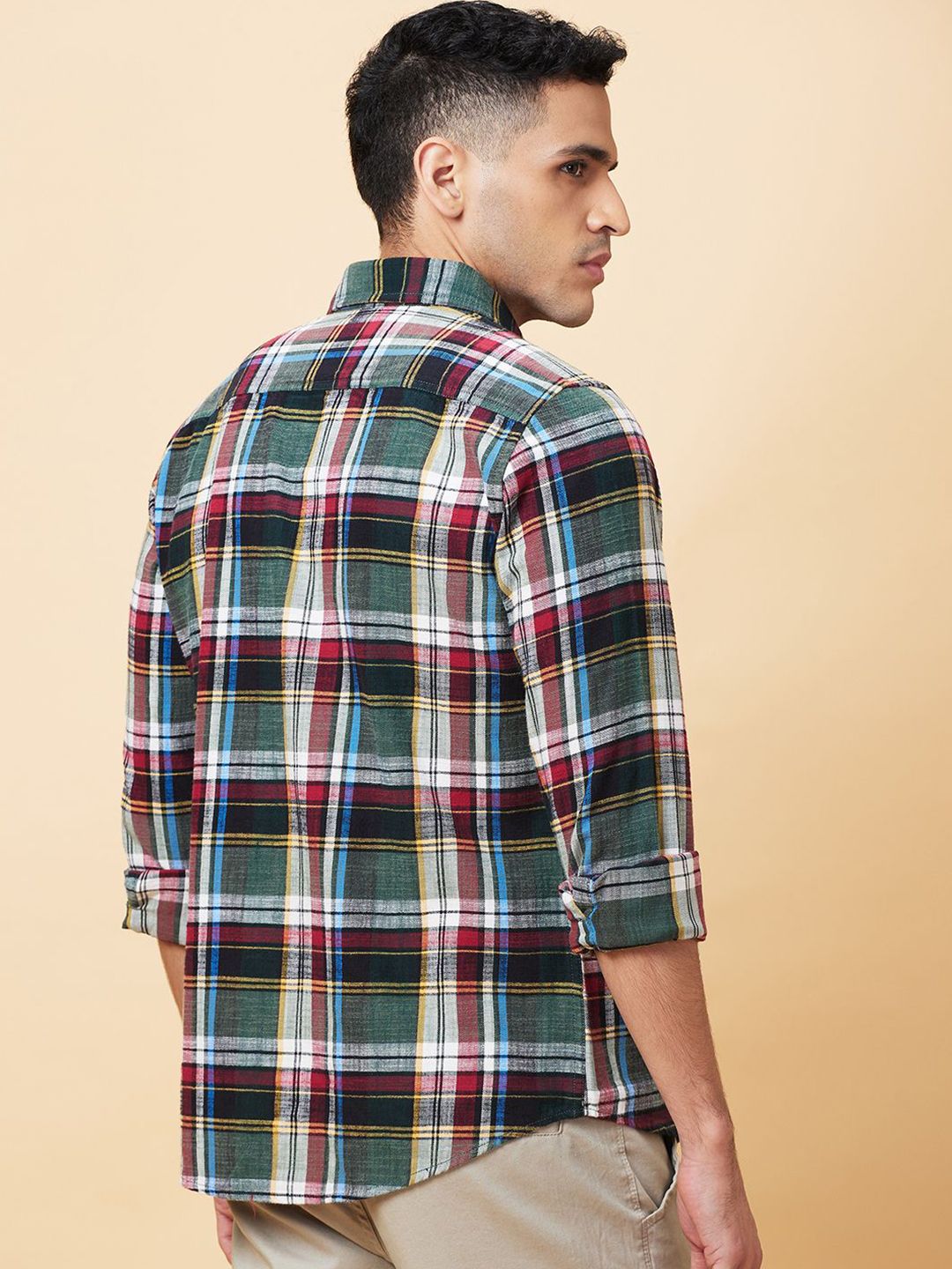 Being Human Men Classic Slim Fit Spread Collar Tartan Checked Cotton Casual Shirt