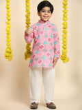 Cutiekins Boys Geometric Printed Band Collar Straight Kurta With Trousers