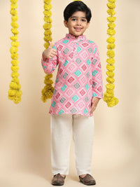 Cutiekins Boys Geometric Printed Band Collar Straight Kurta With Trousers