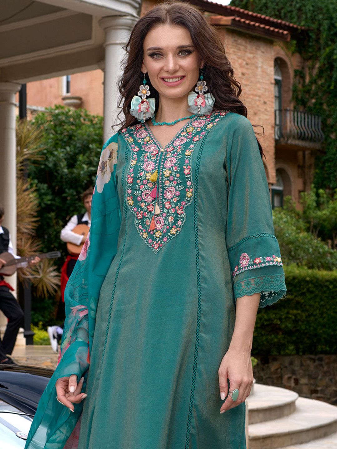 Indo Era Women Floral Embroidered Regular Thread Work Kurta with Trousers & With Dupatta