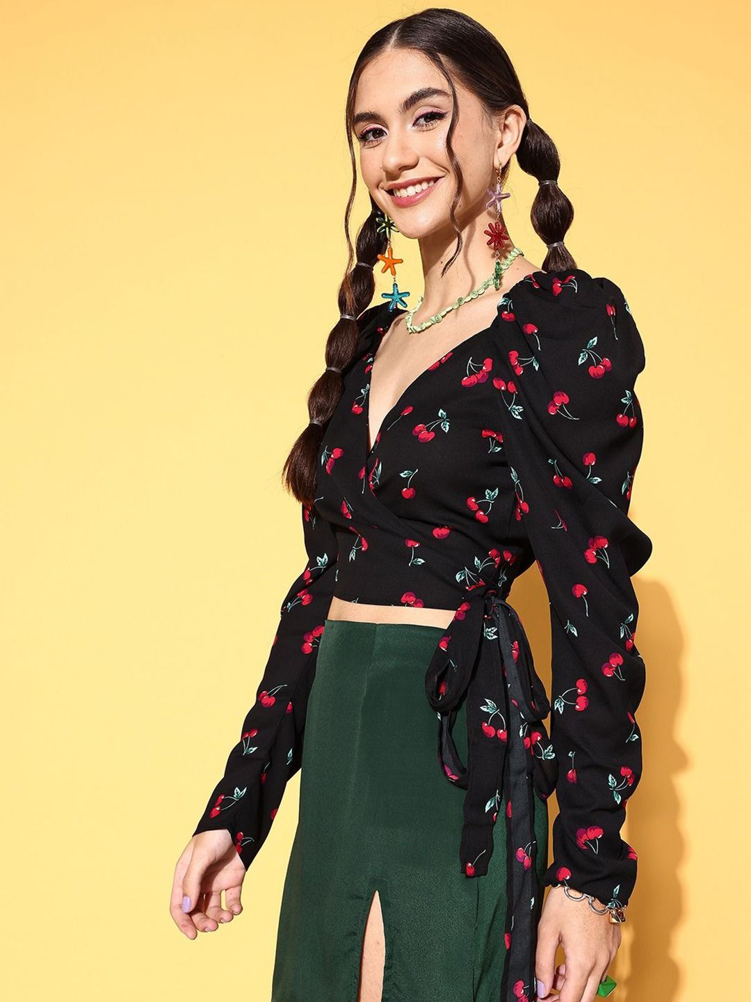 Berrylush Print Sweetheart Neck Puff Sleeve Wrap Crop Top