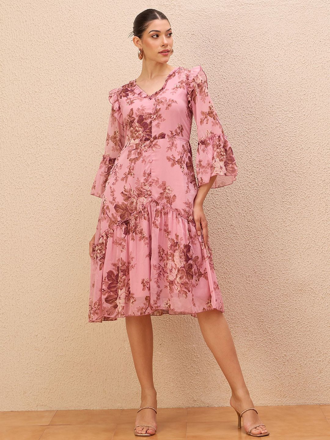 Antheaa Floral Print Drop-Waist Midi Dress