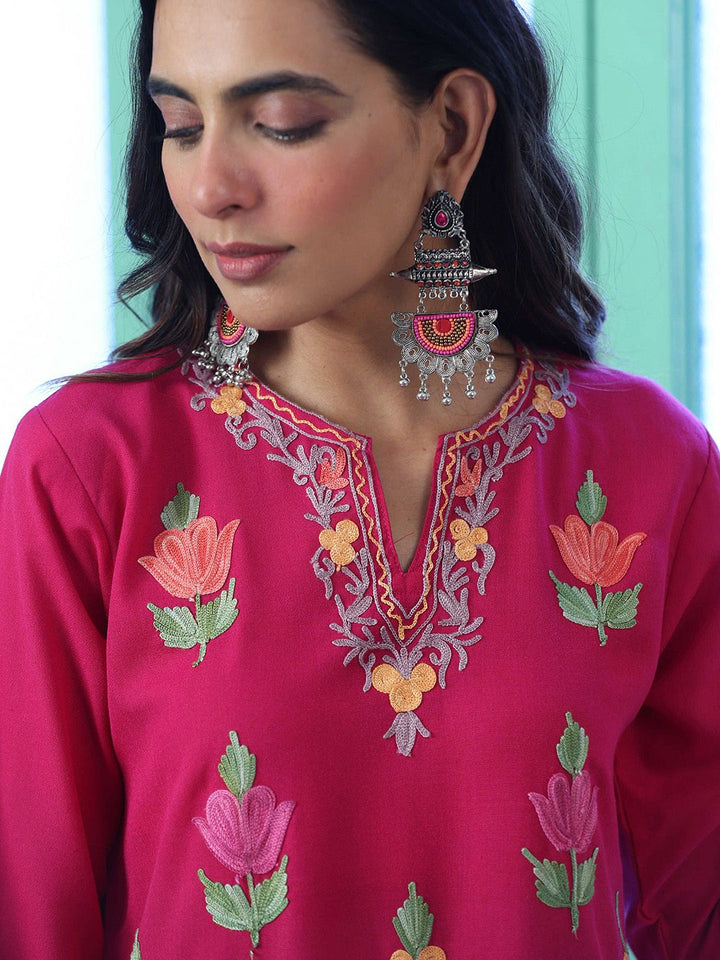 House of Chikankari Women Pink Cotton Aari Sulam Kurta