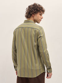 THE BEAR HOUSE Men Spread Collar Vertical Striped Cotton Slim Fit Casual Shirt