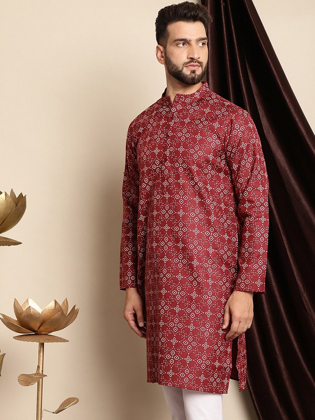 Anouk Ethnic Motifs Printed Band Collar Cotton Linen Regular Kurta