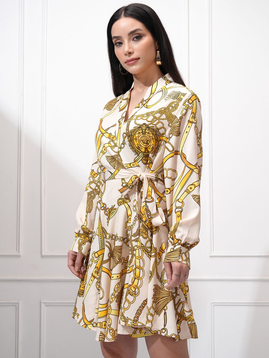 Tokyo Talkies Women Printed Satin Mini Wrap Dress