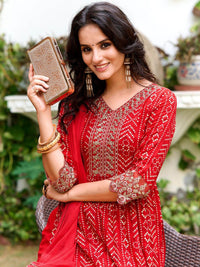 KALINI Women Bandhani Embroidered Panelled Sequinned Kurta with Trousers & With Dupatta