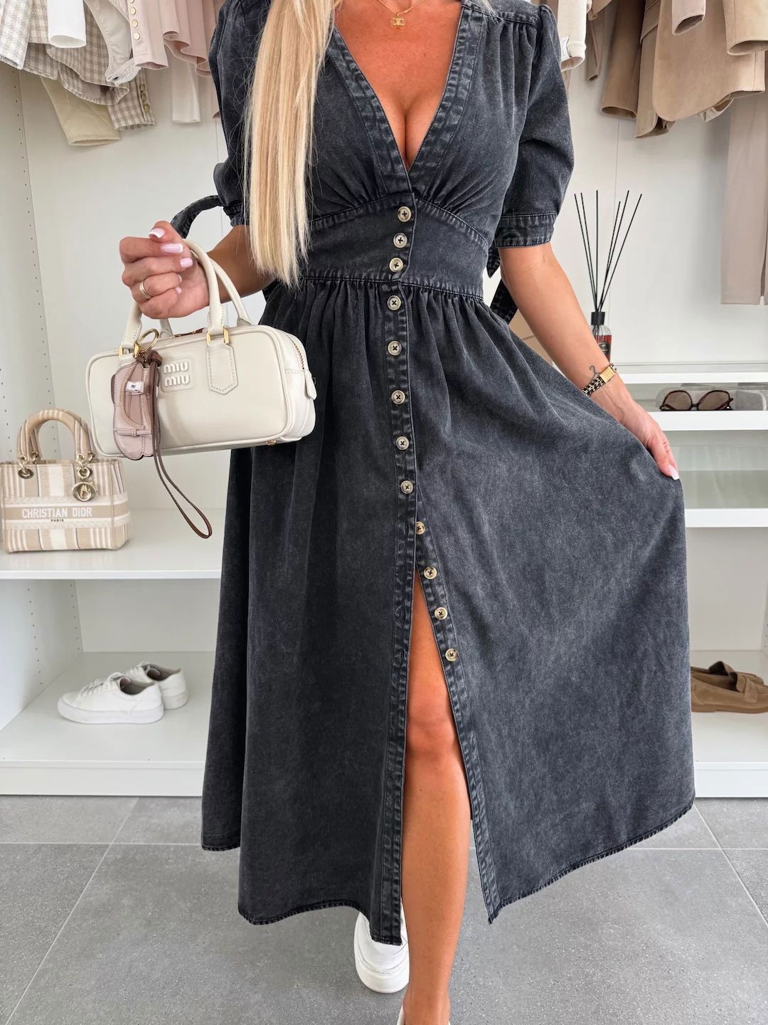 all about you Women Solid Denim Maxi Dress