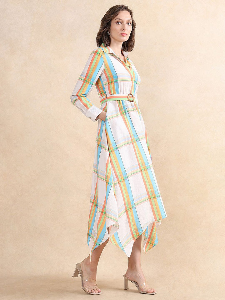 RAREISM Women Checked Fit & Flare Belted Maxi Dress Pocket Detailing
