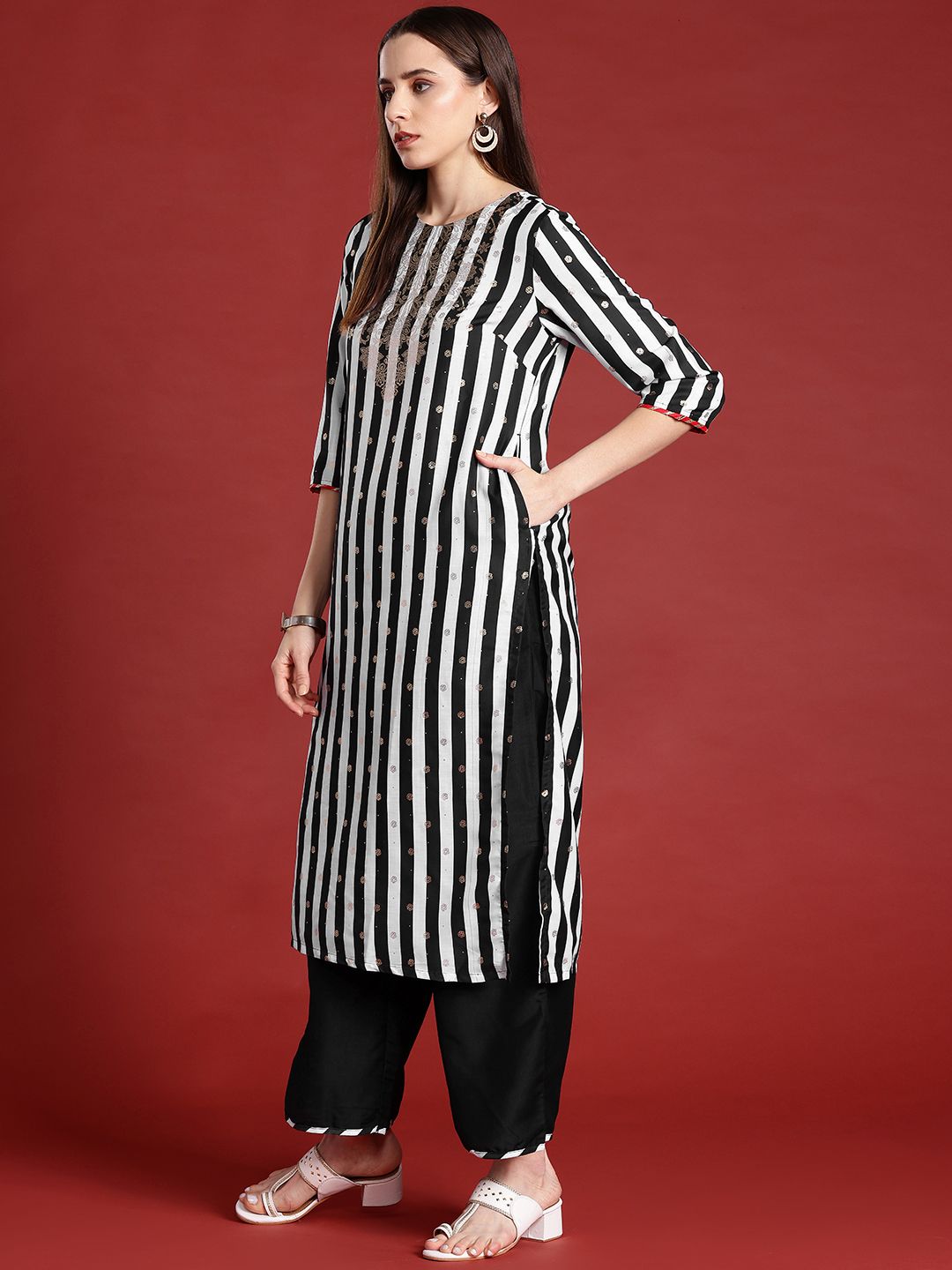 Anouk Striped & Floral Print Gotta Patti Kurta with Palazzos