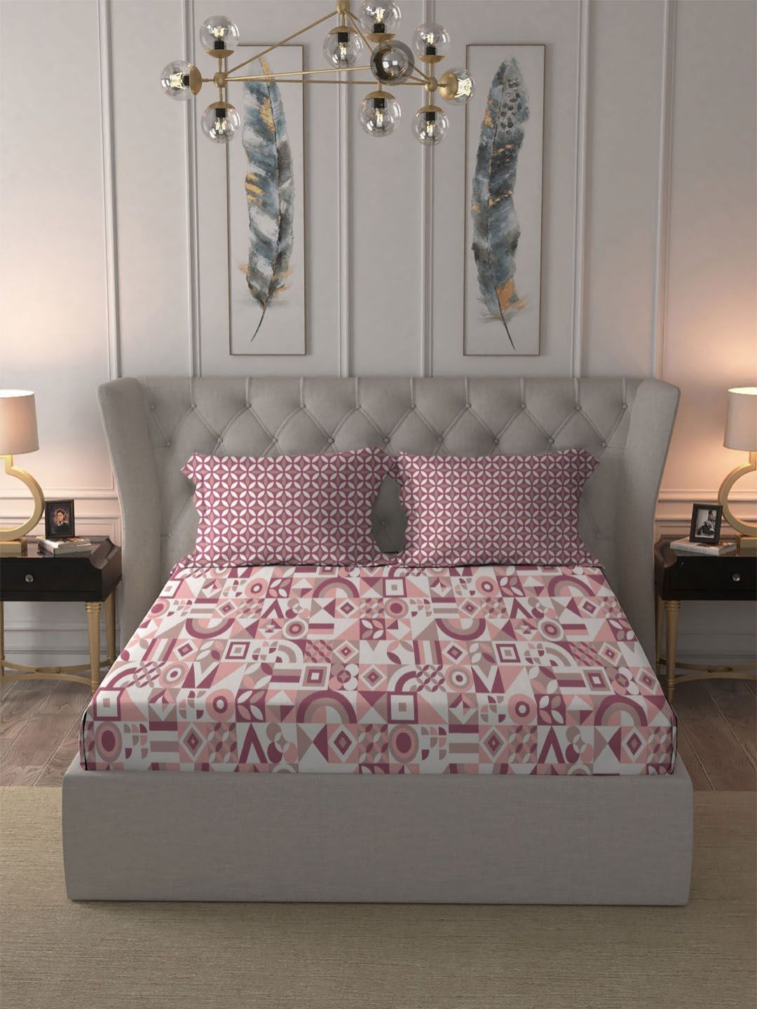 MYTRIDENT Magnolia Pink Comfort Living Flat 120TC Queen Cotton Bedsheet & 2 Pillow Covers