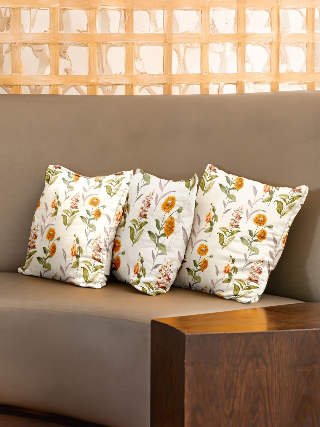URBAN SPACE White & Yellow 3 Pieces Floral Printed Cotton Square Cushion Covers