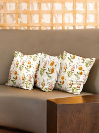 URBAN SPACE White & Yellow 3 Pieces Floral Printed Cotton Square Cushion Covers
