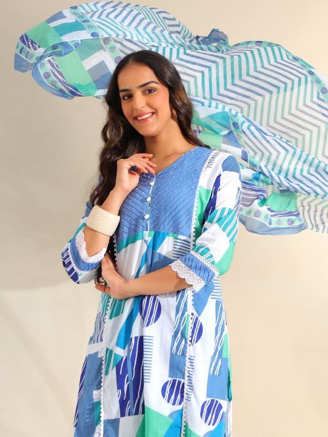 Mamicha Wanita Bercetak Kurta Kapas Tulen Biasa dengan Seluar & Dengan Dupatta