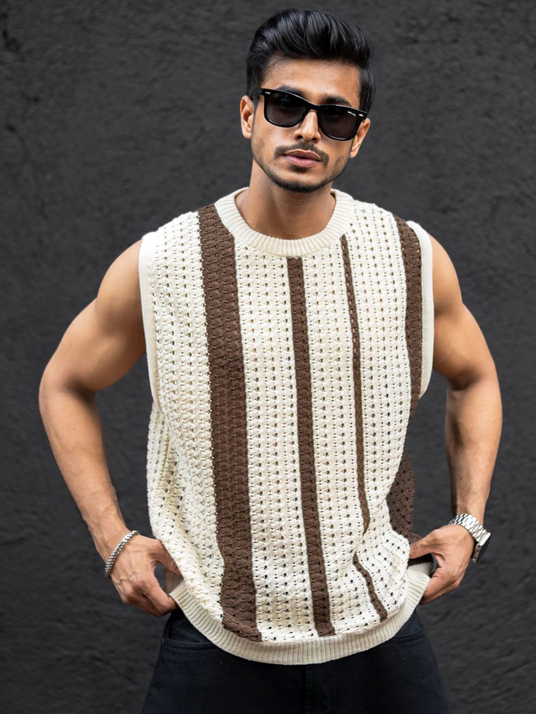 Powerlook Striped Round Neck Sleeveless T-Shirt