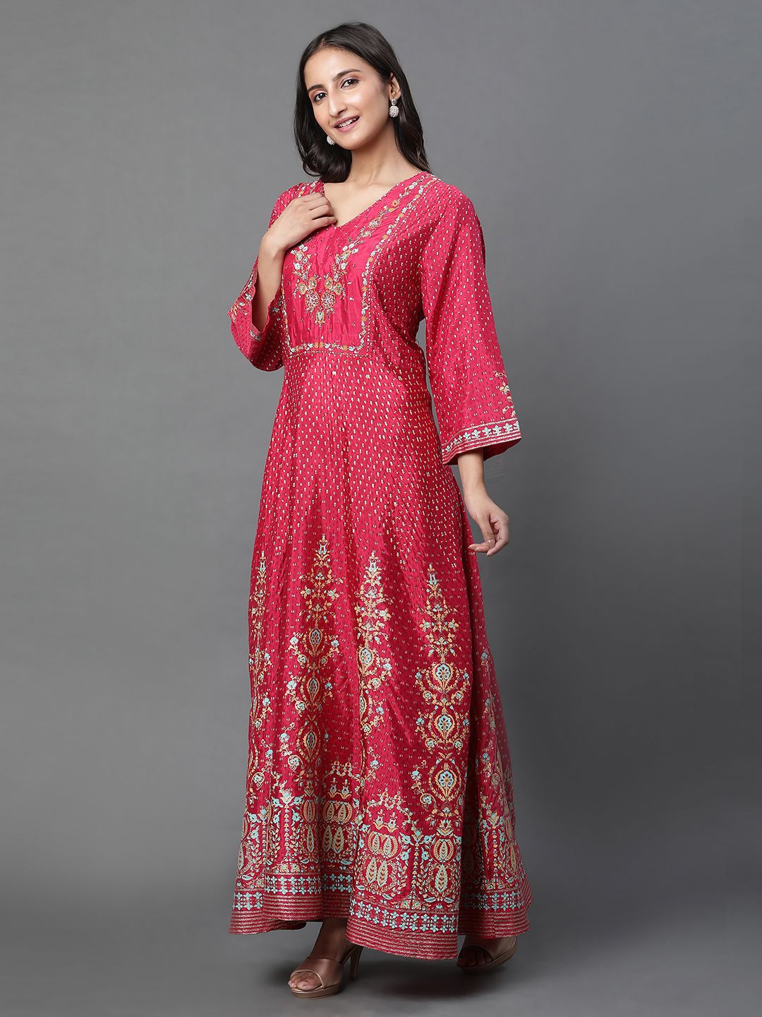 W Ethnic Motifs Flared Sleeve Maxi Dress