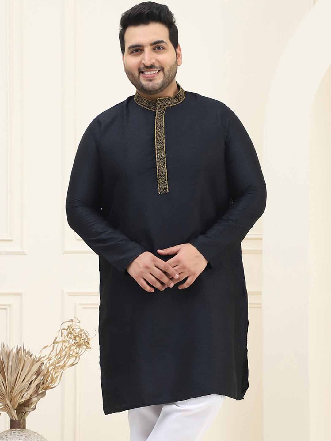 SOJANYA Plus Mandarin Collar Long Sleeves Thread Work Cotton Straight Kurta