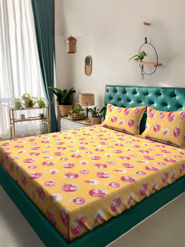 KLOTTHE Yellow Conversational Pure Cotton 400 TC King Superfine Bedsheet dengan 2 Sarung Bantal-98 x 89 inci