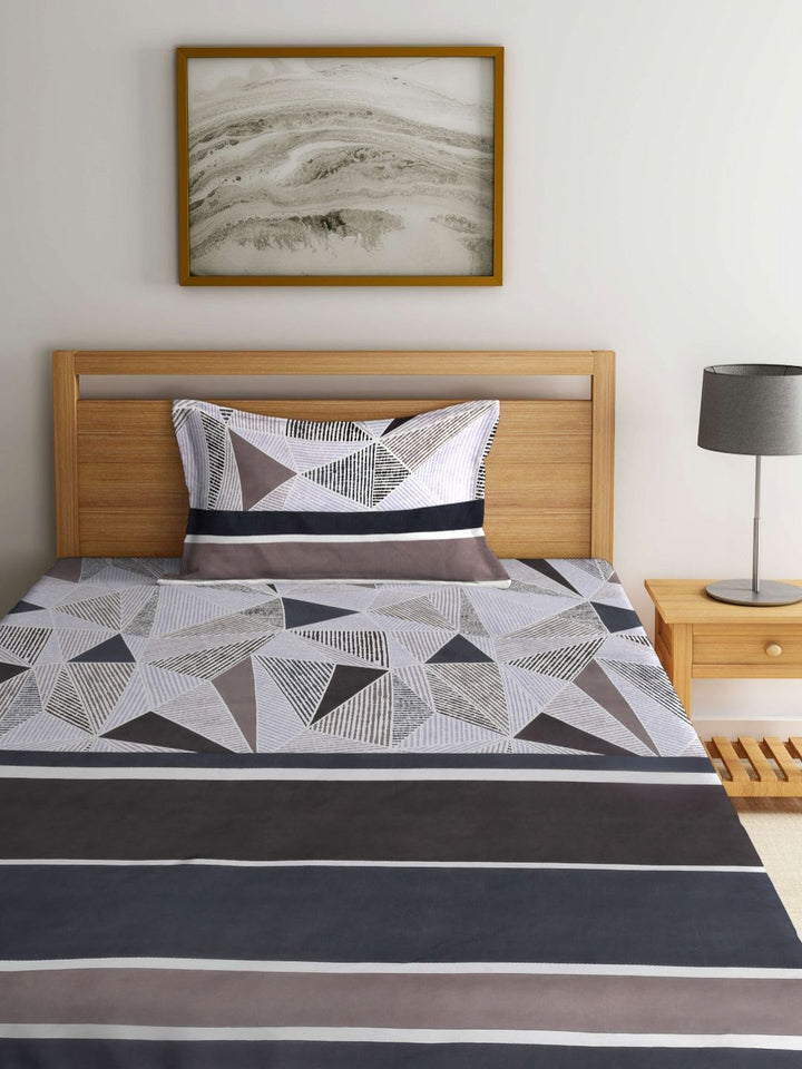 Myntra Elegant Homes Grey & Blue Geometric 300 TC Single Bedsheet with 1 Pillow Covers