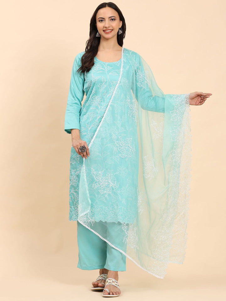 Mamicha Women Embroidered Regular Thread Work Pure Cotton Kurta with Palazzos & With Dupatta
