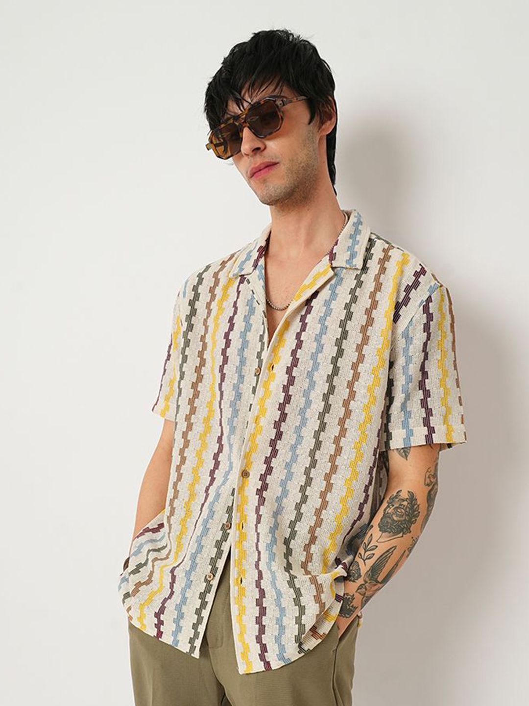 VASTRADO Men Classic Cuban Collar Vertical Striped Cotton Oversized Casual Shirt