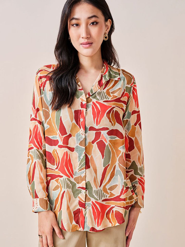 AND Print Tie-Up Neck Shirt Style Top
