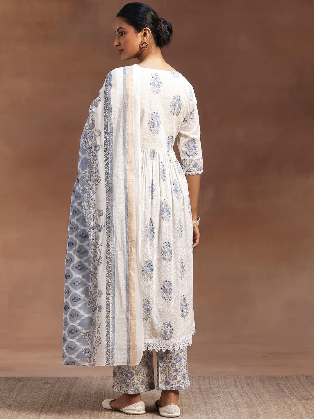 Libas Floral Printed Pleated Pure Cotton A-Line Kurta with Trousers & Dupatta