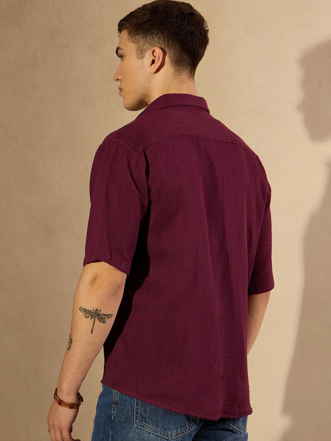 DENNISON Men Smart Spread Collar Solid Cotton Oversized Casual Shirt