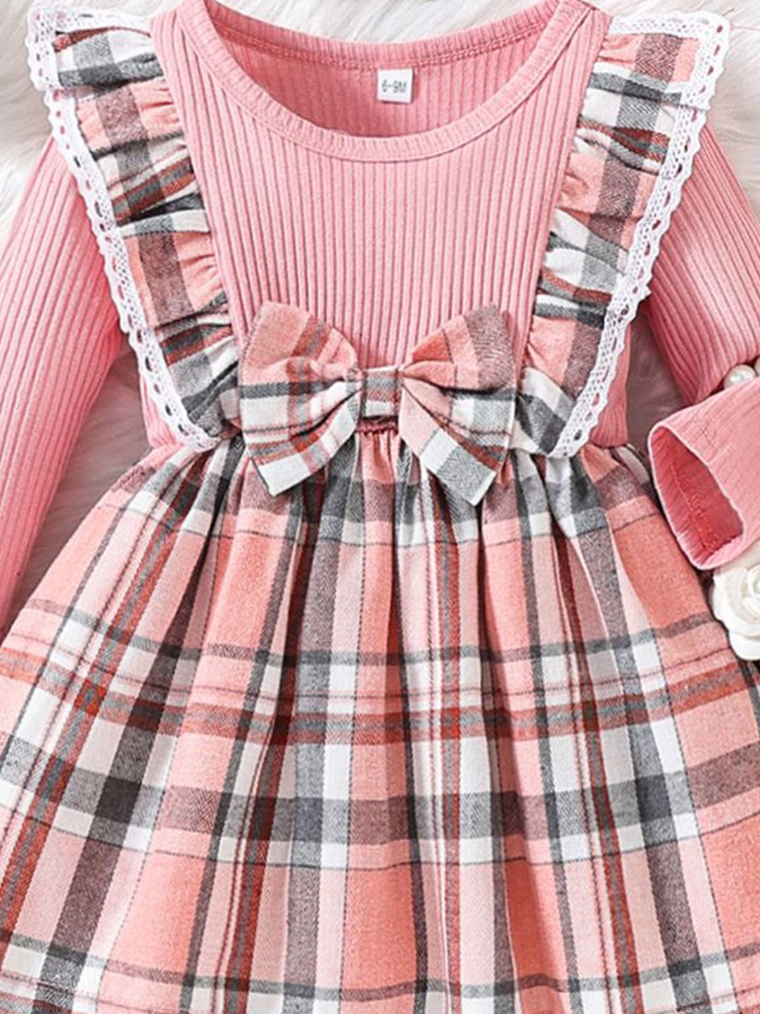 YK Girls Checked Fit and Flare Knee Length Dress With Handbag