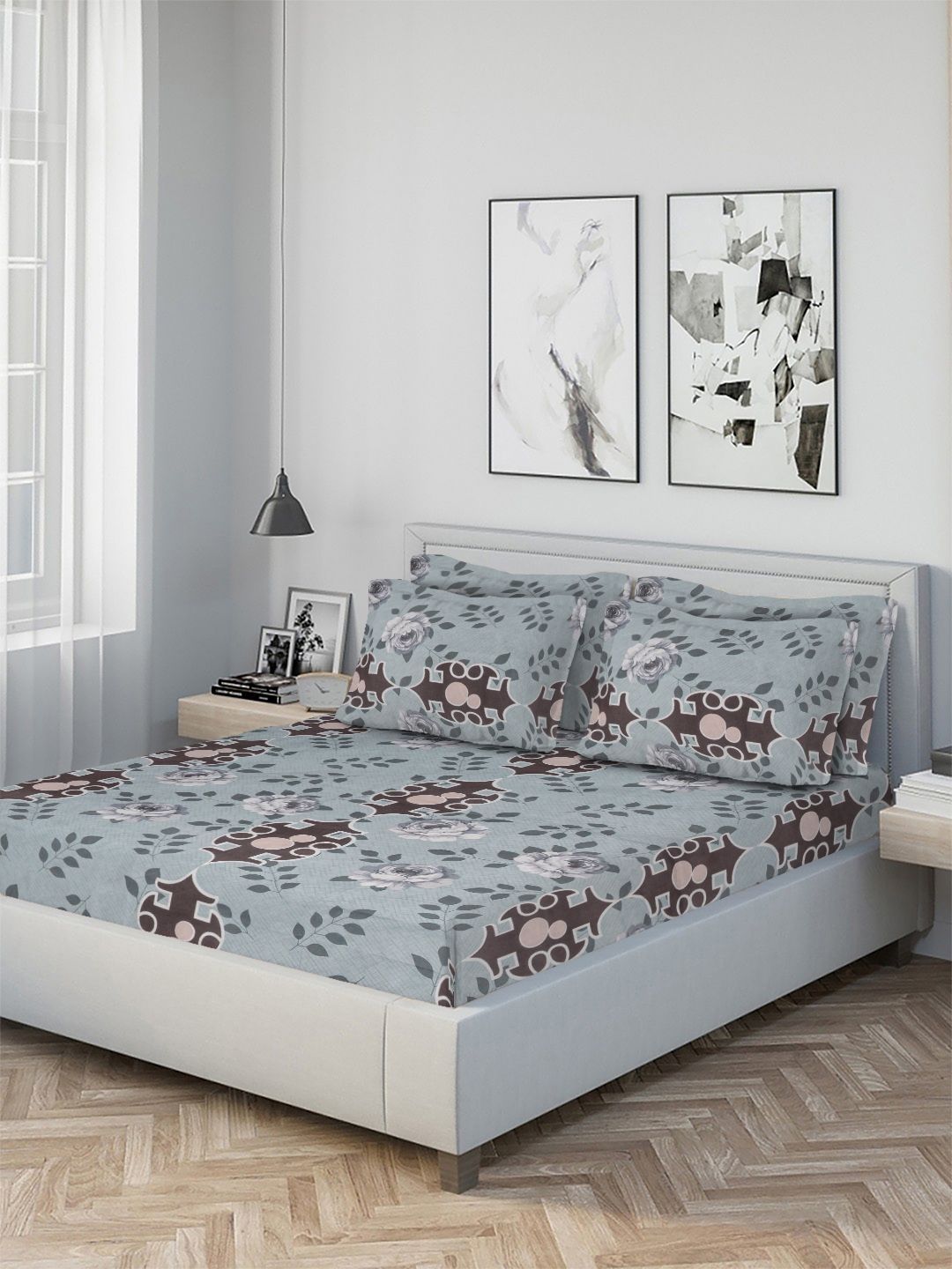 KLOTTHE Grey Printed Dilengkapi 300 TC Double King Cadar Halus Dengan 4 Sarung Bantal