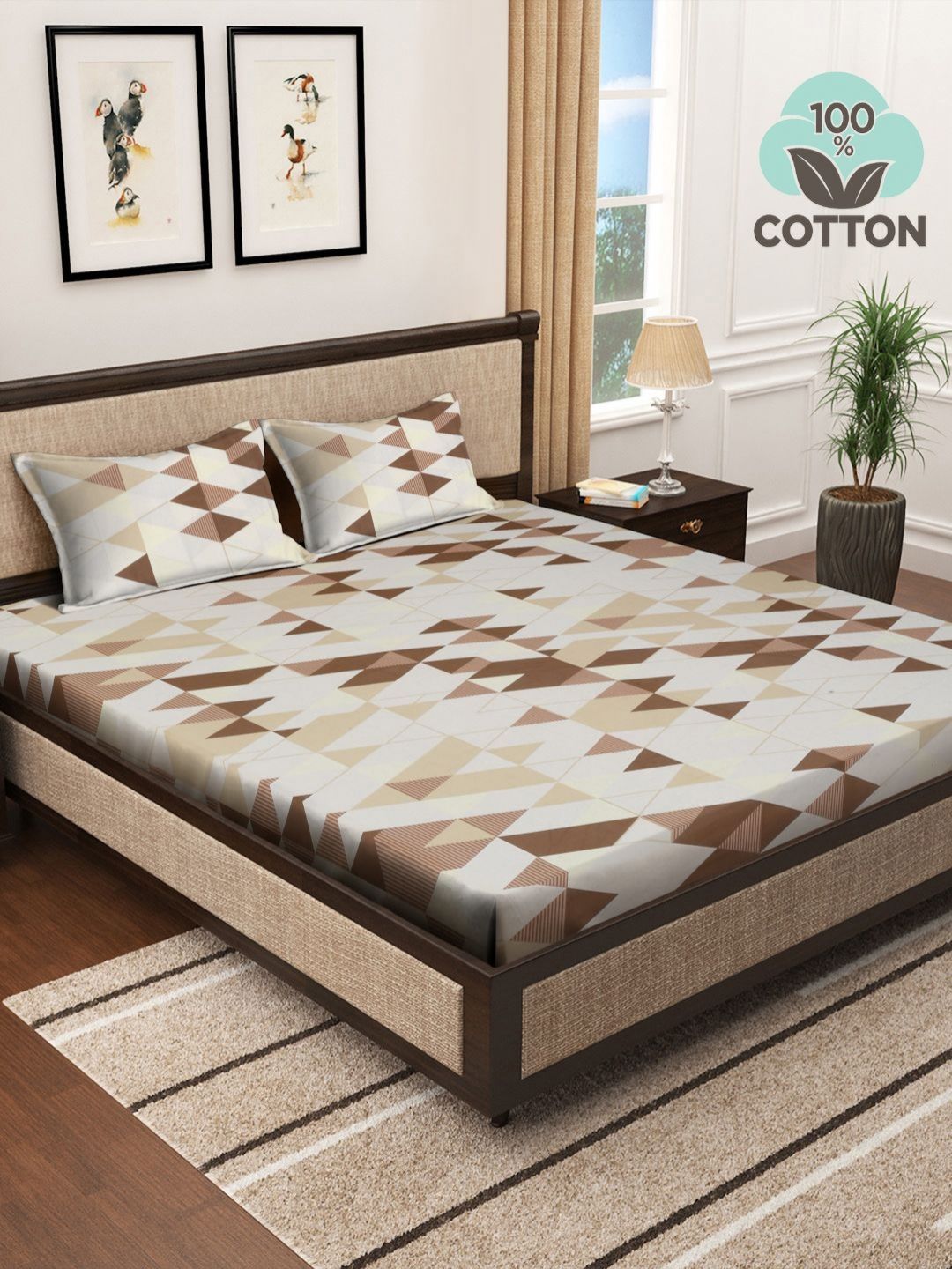 Myntra Elegant Homes White & Beige Geometric 400 TC King Cadar dengan 2 Sarung Bantal