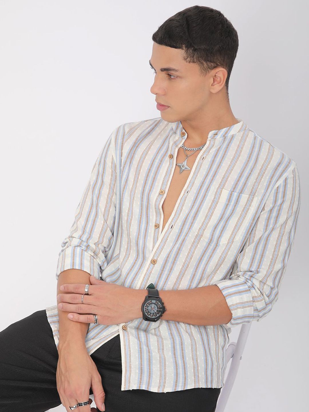VASTRADO Men Classic Slim Fit Multi Stripes Opaque Striped Casual Shirt