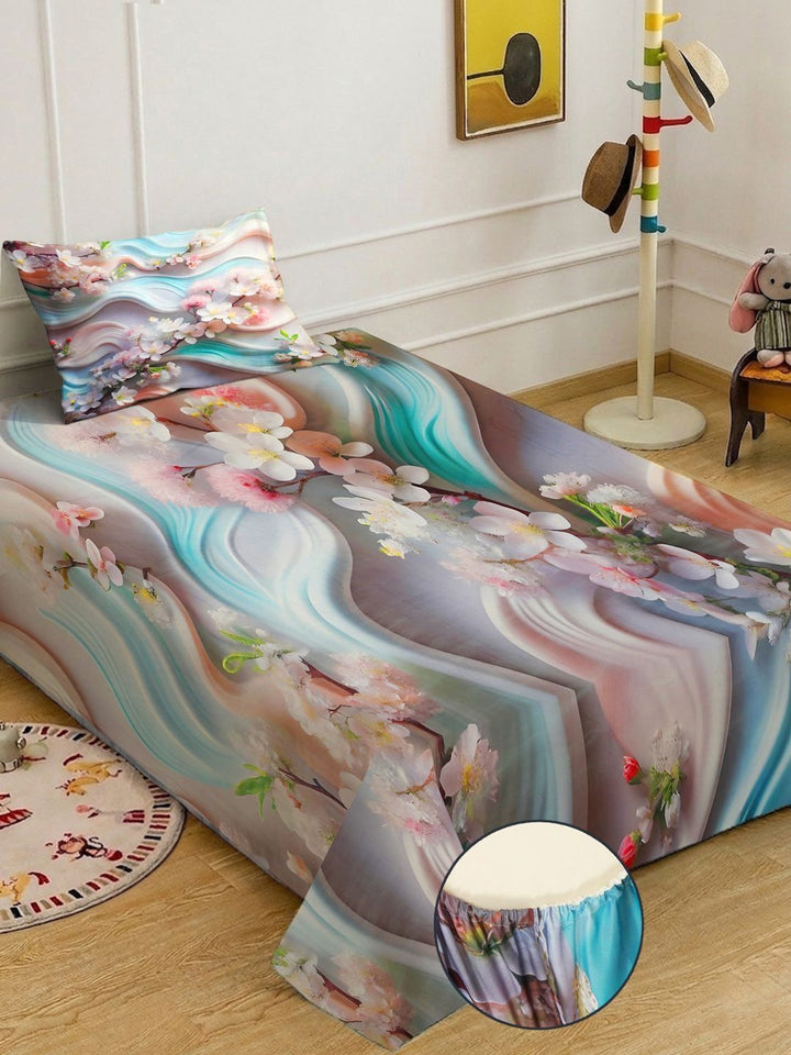 KLOTTHE Multicoloured Floral Fitted 400 TC Single 7D Bedsheet with 1 Pillow Covers