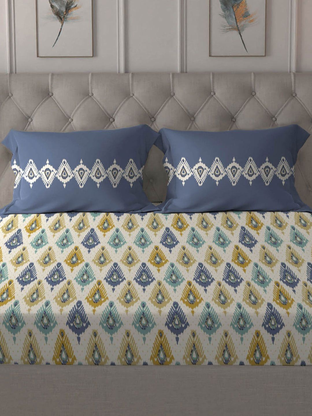TRIDENT Beacon Yellow Dusk & Dawn Flat 144TC Queen Cotton Bedsheet Set