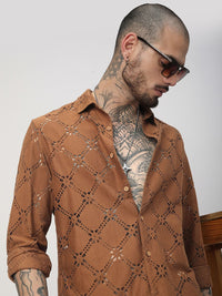 VASTRADO Men Classic Slim Fit Spread Collar Textured Cotton Casual Shirt