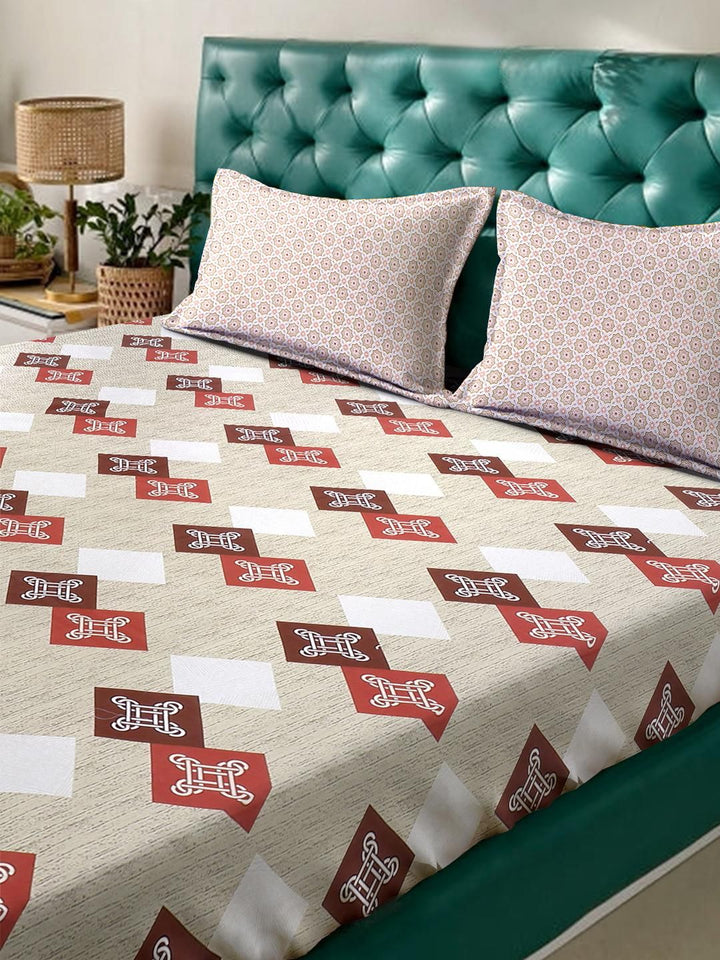 KLOTTHE Beige Geometric 400 TC King Bedsheet with 2 Pillow Covers
