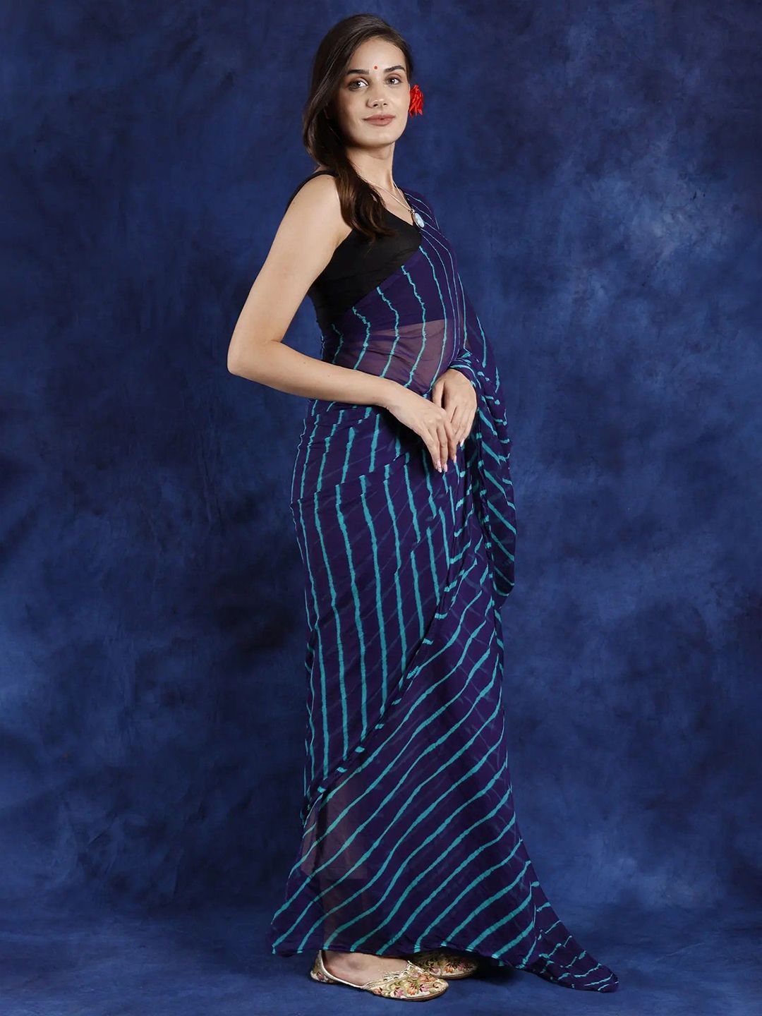 Exotic India Violet Indigo Leharia Tie-Dye Chiffon Saree