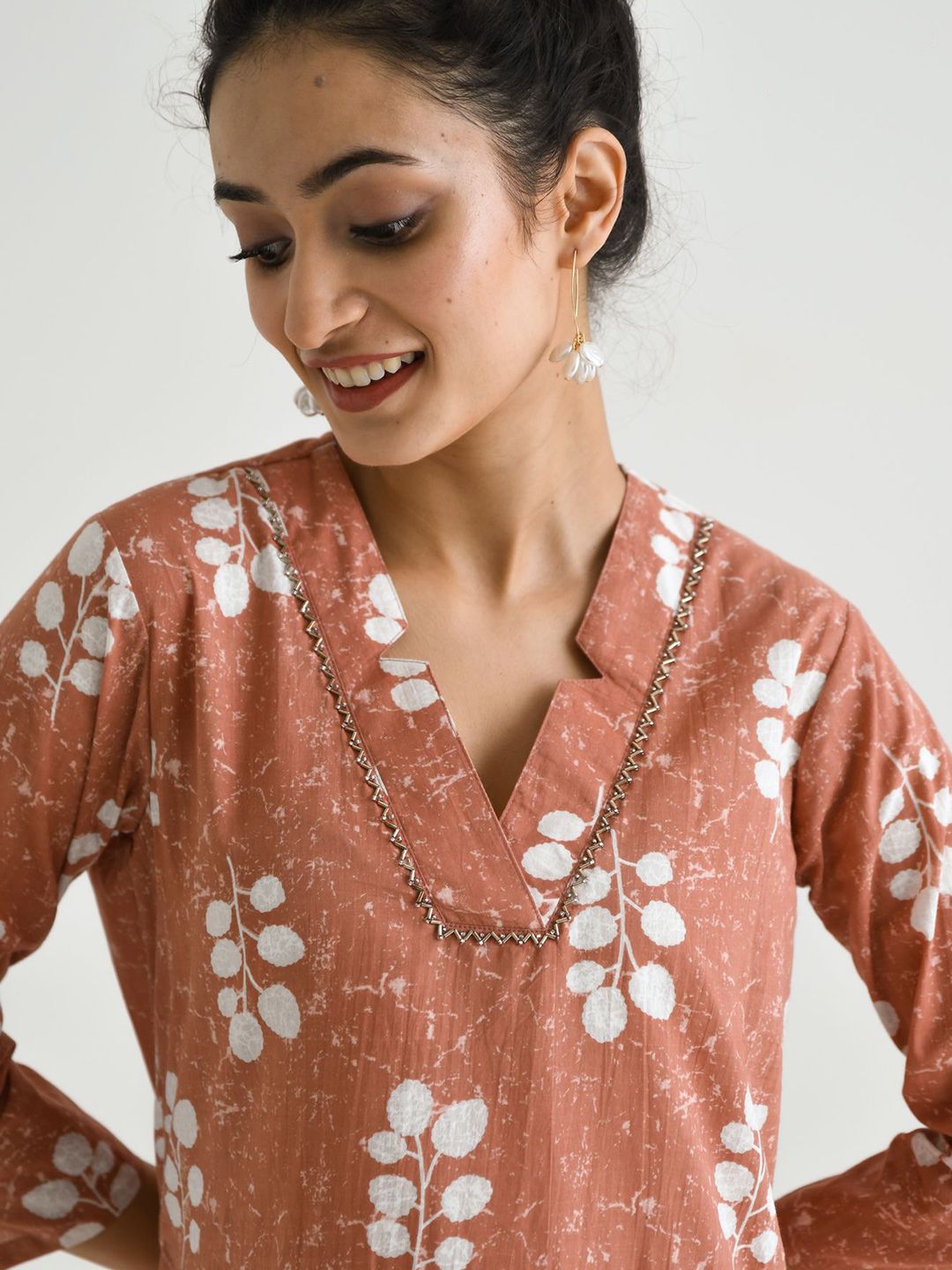Rustorange Buta Printed Embroidered Neckline Detail Pure Cotton Tunic With Trouser Co-Ords