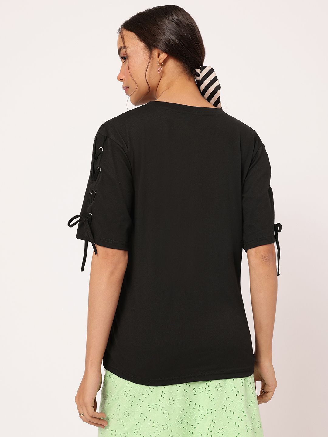 DressBerry Elevated MonoBasic Lace-Up Flared Sleeves Printed Tee