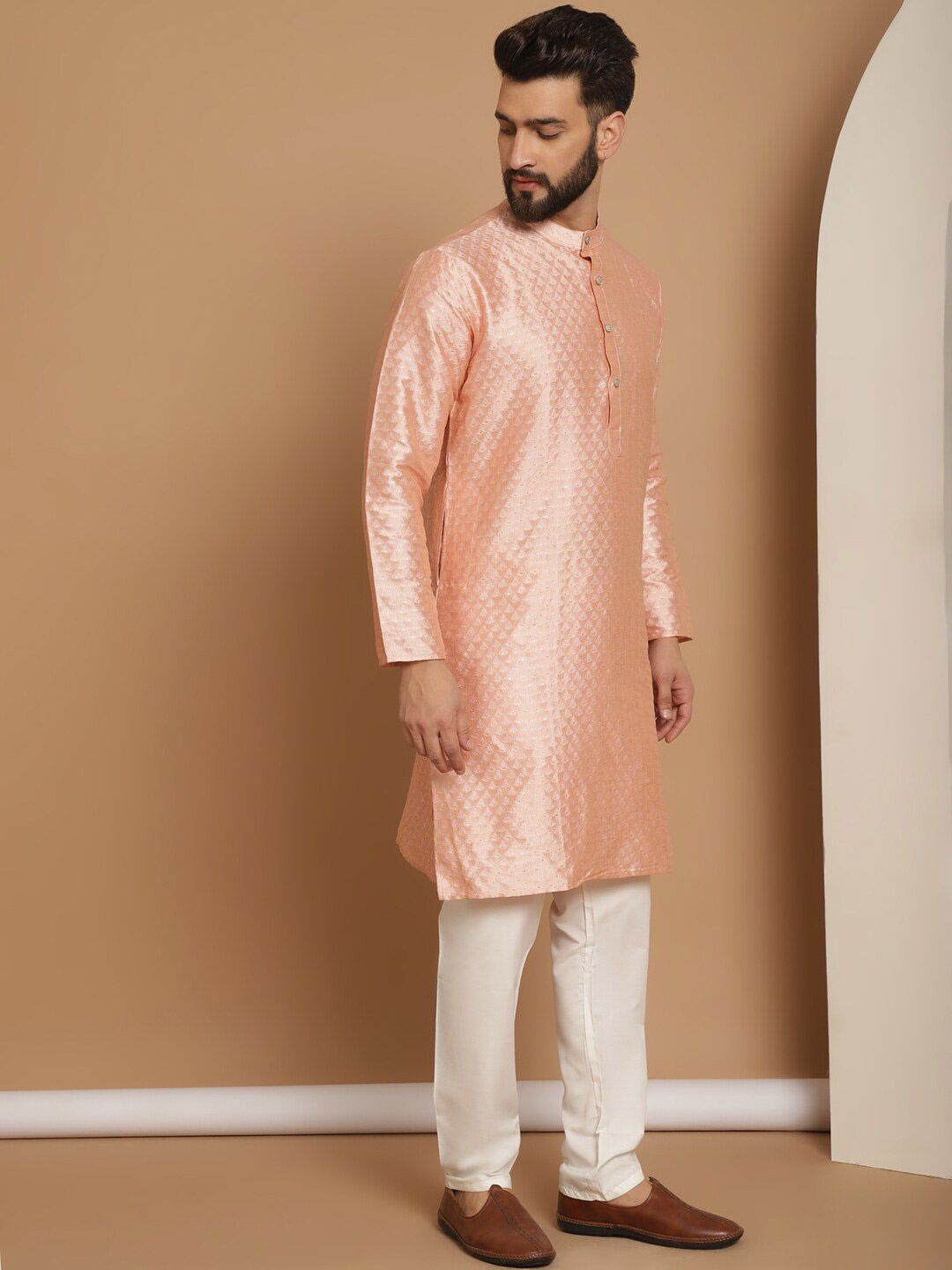 Anouk Ethnic Motifs Mandarin Collar Knee Length Regular Kurta with Churidar